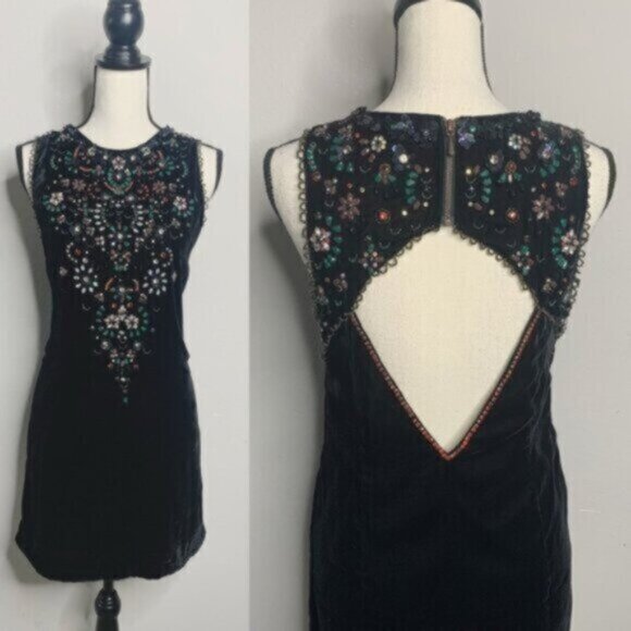 Vintage Beaded Black Velvet Mini Dress Floral Embellished Cocktail Mini Dress - Picture 1 of 17